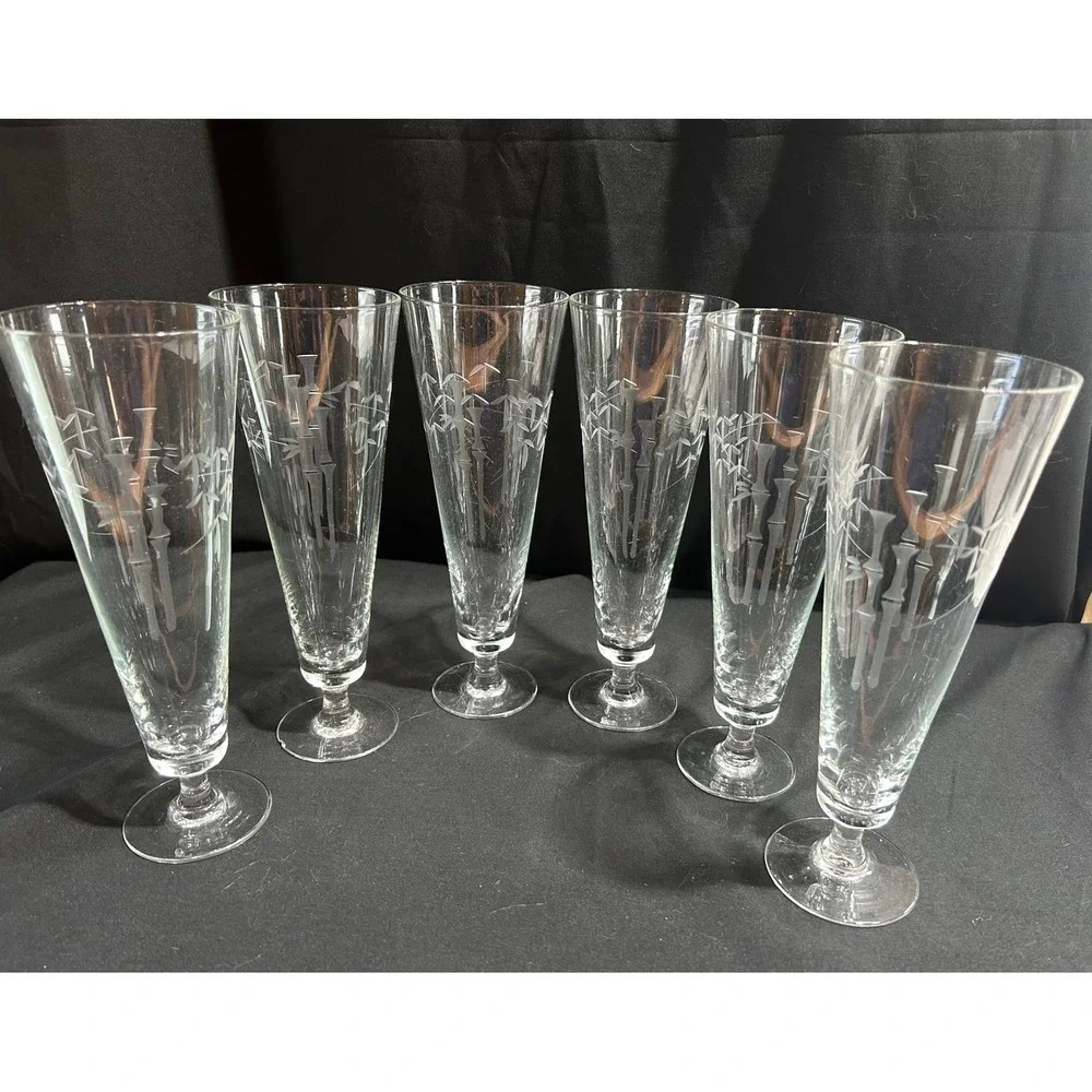 Set of 6 Vintage Bamboo Etched Footed‎ Glasses Champagne Flutes Tall Pilsner MCM